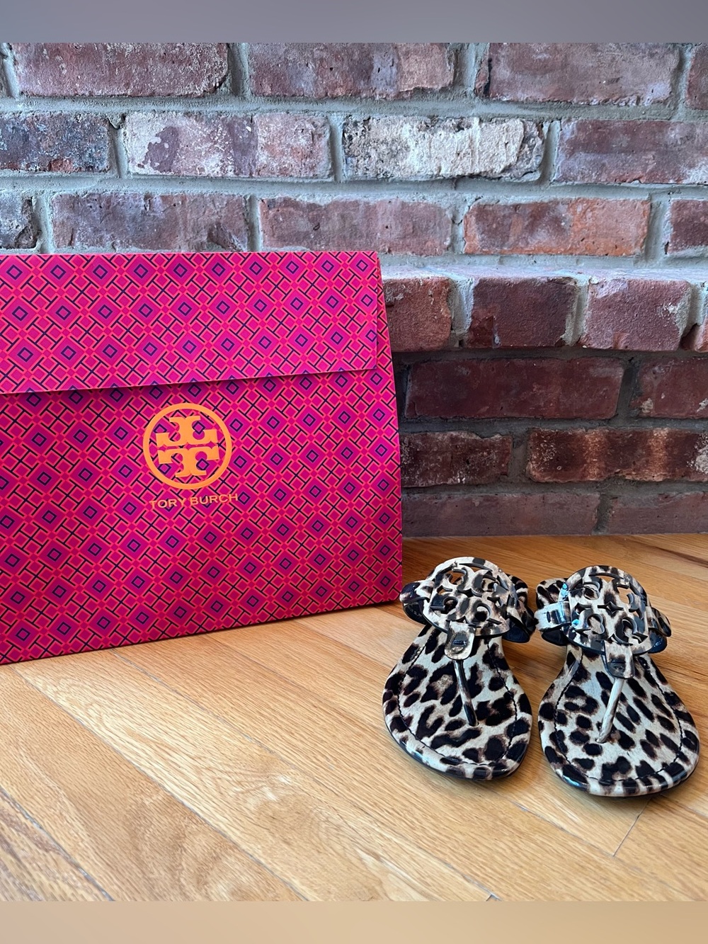 Tory Burch Tan & Black Natural Leopard Printed Patent Leather Miller Sandals